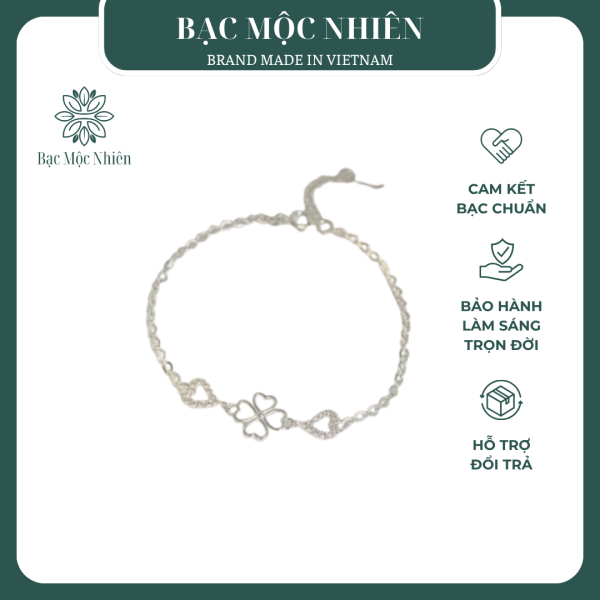 Vòng tay bạc nữ S925 Bạc Mộc Nhiên họa tiết cỏ 4 lá cùng trái tim thanh lịch