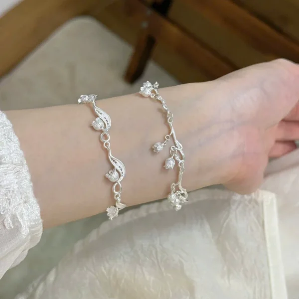 Vòng tay nữ bạc S925 Bạc Mộc Nhiên họa tiết thiên nhiên hoa linh lan đơn - Ảnh 3