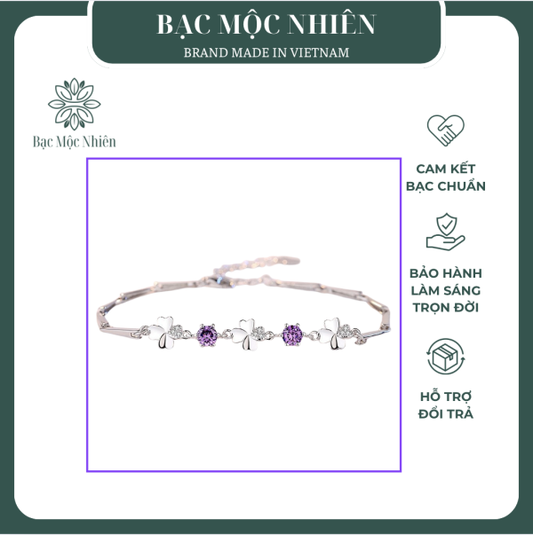 Lắc tay bạc nữ mạ bạch kim đính đá CZ cỏ 4 lá